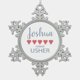 Bridal & Wedding Party 5 Heart Usher Snowflake Pewter Christmas Ornament