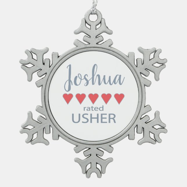 Bridal & Wedding Party 5 Heart Usher Snowflake Pewter Christmas Ornament (Front)