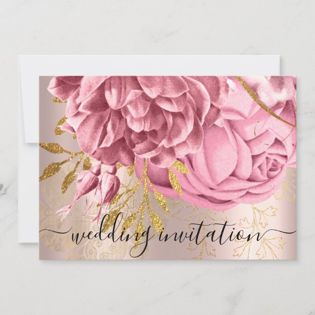 Bridal Wedding Pink Rose Gold Flowers Roses  Invitation (Front)