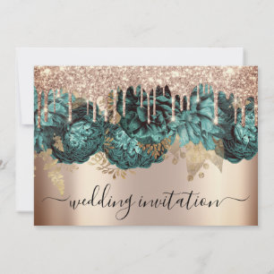 Bridal Wedding Rose Blue Teal Drips Flowers   Invitation