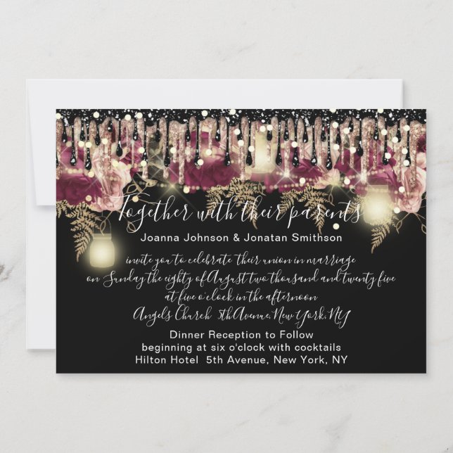 Bridal Wedding Rose Drip Pink Marsala Lights Black Invitation (Back)