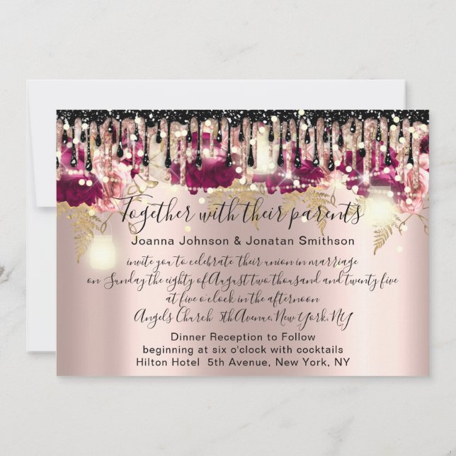 Bridal Wedding Rose Drip Pink Marsala Rose Lights  Invitation (Back)