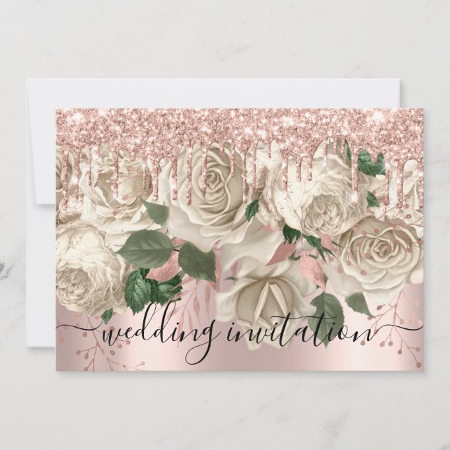Bridal Wedding Rose Glitter Drips Ivory Roses Invitation (Front)