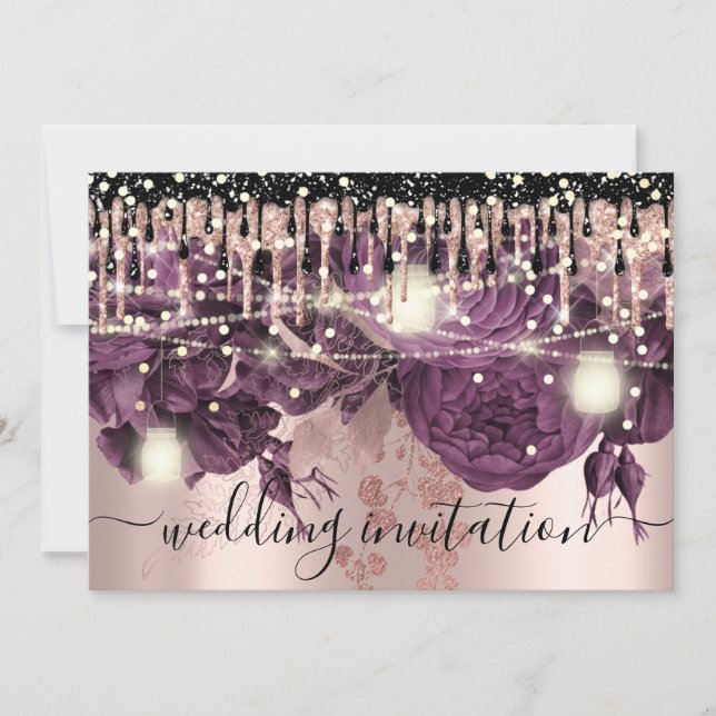 Bridal Wedding Rose Glitter Drips Purple Confetti Invitation (Front)
