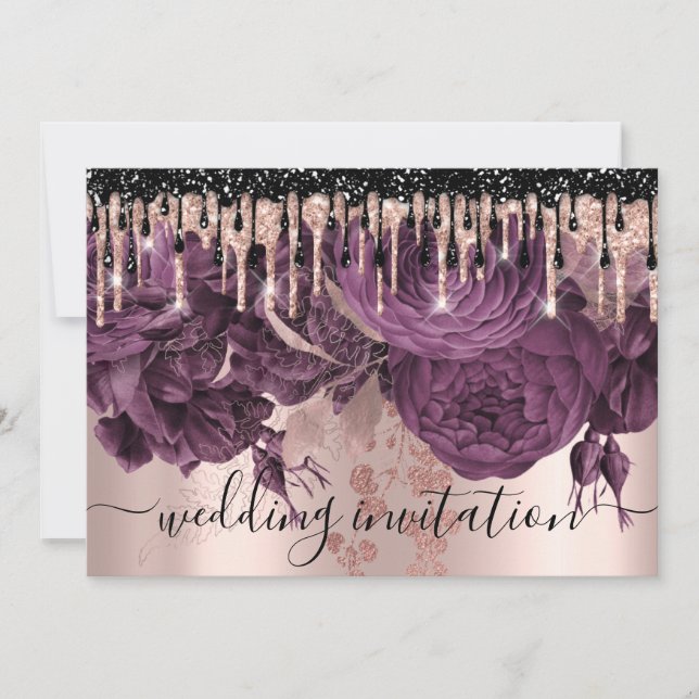 Bridal Wedding Rose Glitter Drips Purple Roses Invitation (Front)