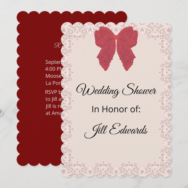 Bridal Wedding Shower Vintage Red Bow Invitation (Front/Back)