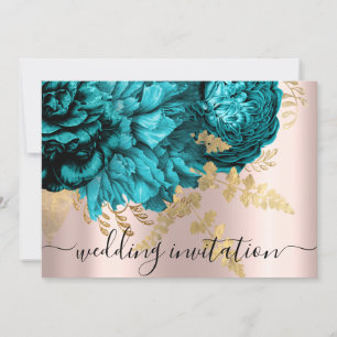 Bridal Wedding Teal Blue Gold Rose Peony  Invitation