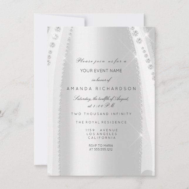 Bridal White Dress Spark Rose Silver Grey Diamond Invitation (Front)