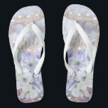 Bridal White Gold Pink Elegant Flip Flops<br><div class="desc">Wedding party gift. Bridal elegant white gold pink pearls purple floral print design wedding shoes. Comfortable custom typography summer beach flip sandals for bride. Text can be personalised. Image copyright Marg Seregelyi Photography.</div>