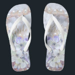 Bridal White Gold Pink Elegant Flip Flops<br><div class="desc">Wedding party gift. Bridal elegant white gold pink pearls purple floral print design wedding shoes. Comfortable custom typography summer beach flip sandals for bride. Text can be personalised. Image copyright Marg Seregelyi Photography.</div>