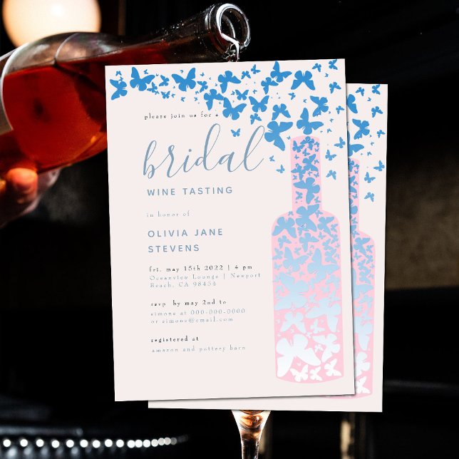 Bridal Wine Party Dusty Blue Pink Butterflies Boho Invitation (Creator Uploaded)