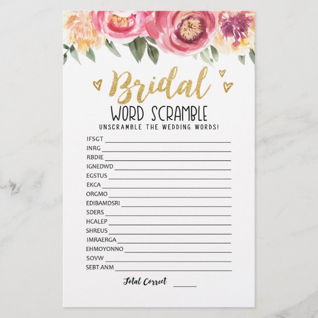 Bridal word scramble game with Answers (Front)