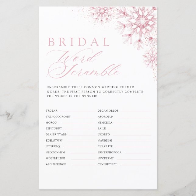 Bridal Word Scramble Pink Snow in Love Game (Front)