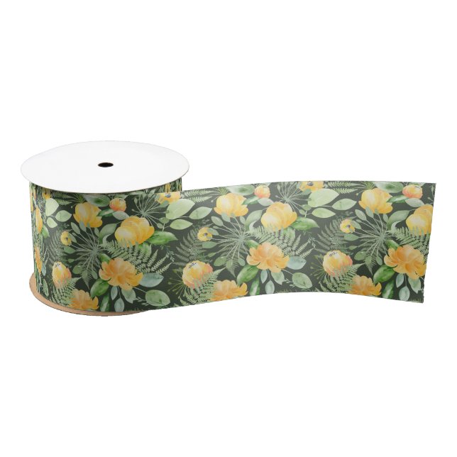 Bridal Yellow Peonies and Green  Ferns  Satin Ribbon (Spool)