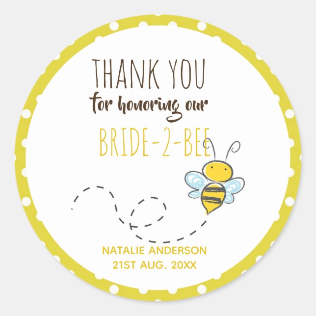 Bride 2 BEE Cute Yellow Polkadot Bridal Shower Classic Round Sticker (Front)