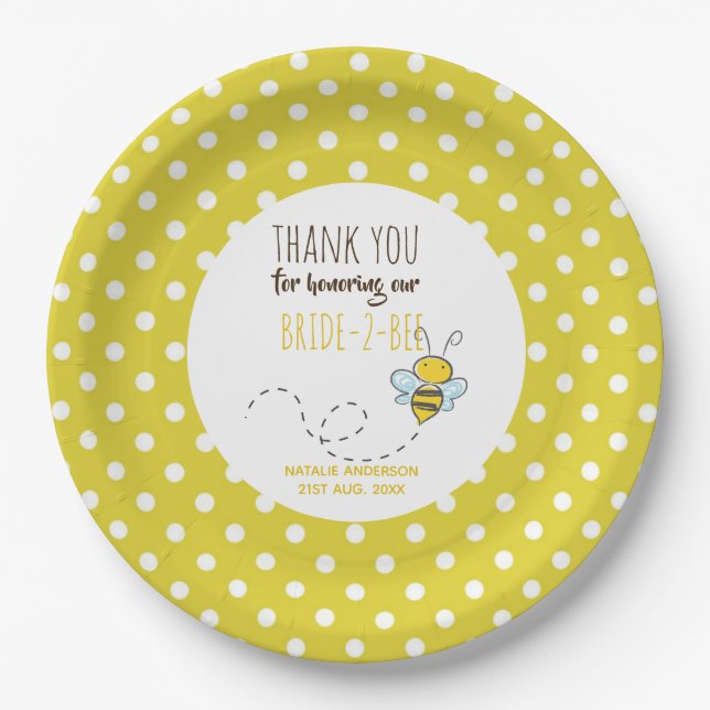 Bride 2 BEE Cute Yellow Polkadot Bridal Shower Paper Plate (Front)
