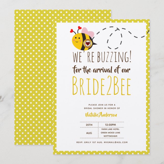 Bride 2 BEE Cute Yellow Wedding or Bridal Shower Invitation (Front/Back)