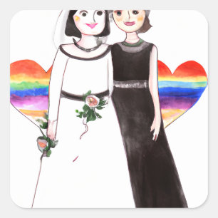 Bride and Bride Lesbian Rainbow Heart Square Sticker