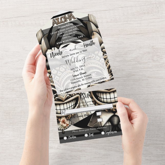 Bride and Groom Aloha Pineapple Tiki Head Wedding  All In One Invitation (Tearaway)