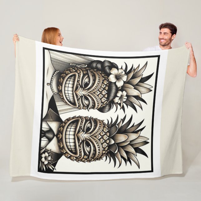 Bride and Groom Aloha Pineapple Tiki Head Wedding  Fleece Blanket (In Situ)