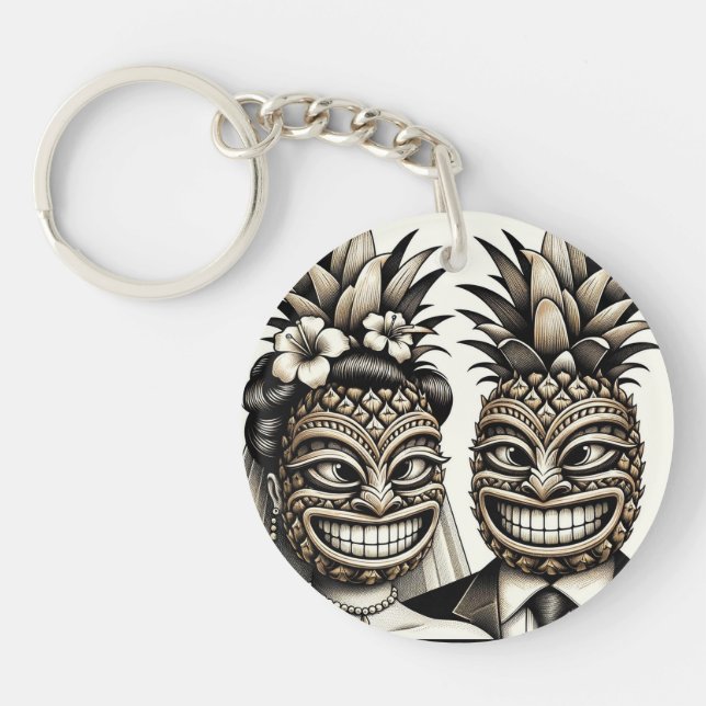 Bride and Groom Aloha Pineapple Tiki Head Wedding  Key Ring (Front)