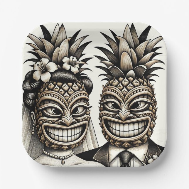 Bride and Groom Aloha Pineapple Tiki Head Wedding  Paper Plate (Front)