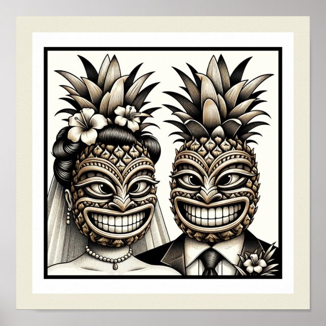 Bride and Groom Aloha Pineapple Tiki Head Wedding  Poster (Front)