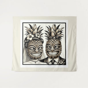 Bride and Groom Aloha Pineapple Tiki Head Wedding  Tapestry