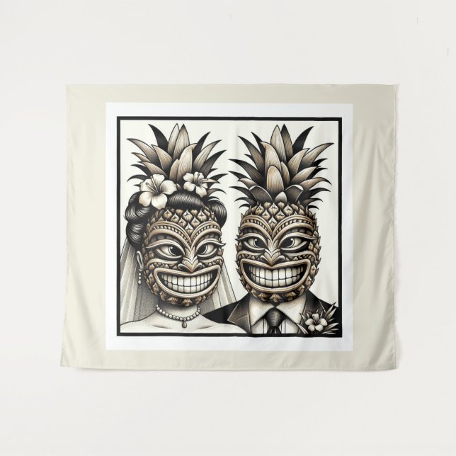 Bride and Groom Aloha Pineapple Tiki Head Wedding  Tapestry (Front (Horizontal))