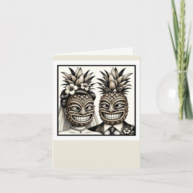 Bride and Groom Aloha Pineapple Tiki Head Wedding  Thank You Card (Front)