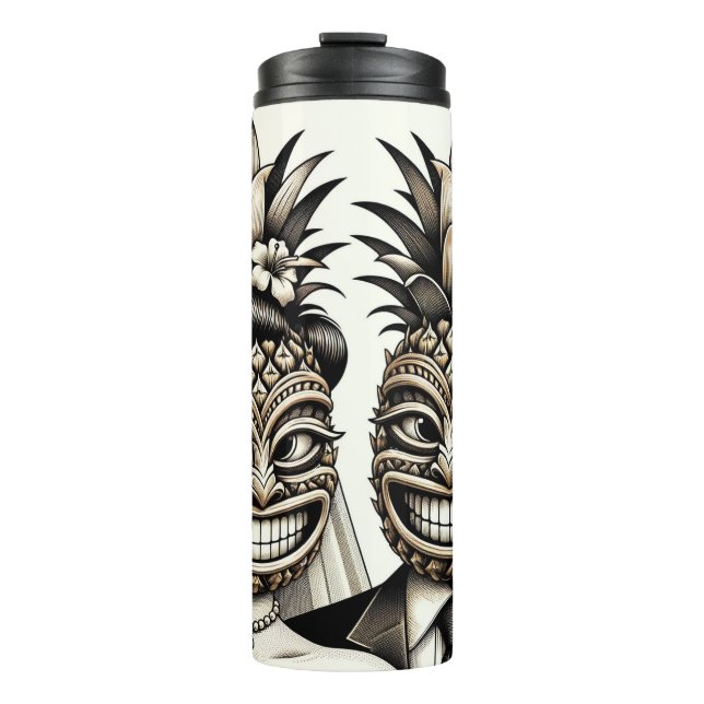 Bride and Groom Aloha Pineapple Tiki Head Wedding  Thermal Tumbler (Front)