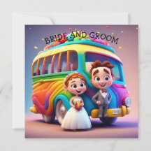 BRIDE AND GROOM AND THE RAINBOW BUS
