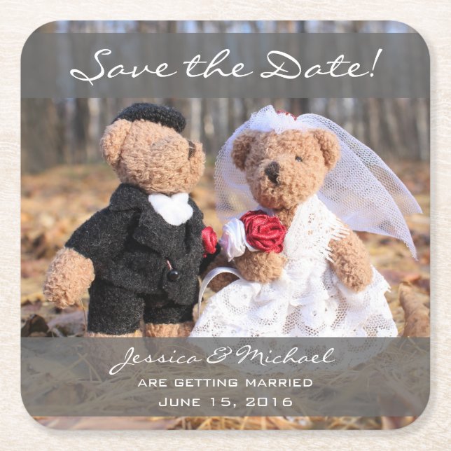 Bride and Groom Bears Save the Date Square Paper Coaster (Front)