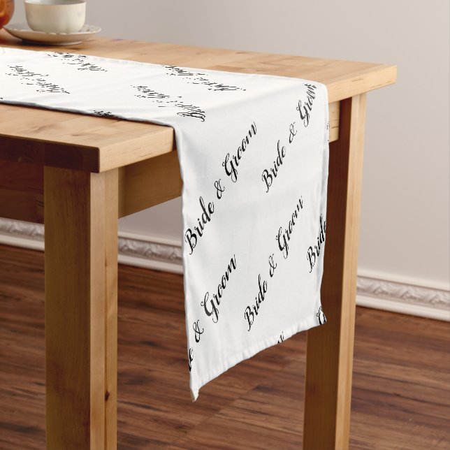 Bride and Groom Black White Script Short Table Runner (In Situ)