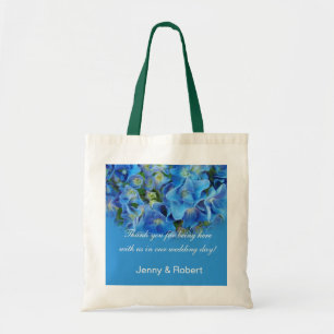 Bride and groom blue flower wedding thank you tote bag