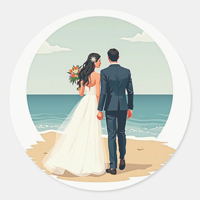 Bride and Groom by the Sea Sticker (Front)