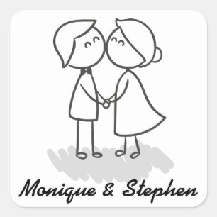 Bride And Groom Cartoon Black And White Wedding Square Sticker