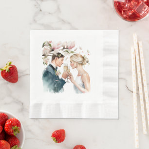 Bride and Groom Champagne Magnolias Napkin