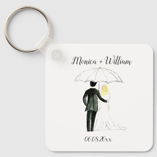 Bride and Groom Couple Elegant Date Wedding Key Ring (Front)