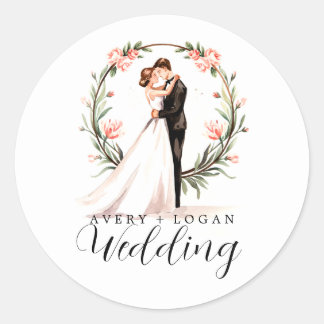 bride and groom couple watercolor wedding classic round sticker