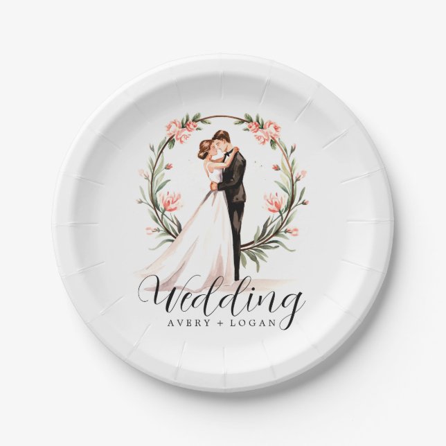bride and groom couple watercolor wedding paper plate (Front)