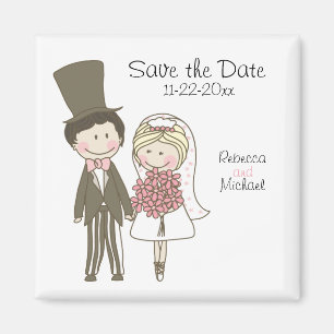 Bride and Groom Cute Cartoon Save the Date Wedding Magnet