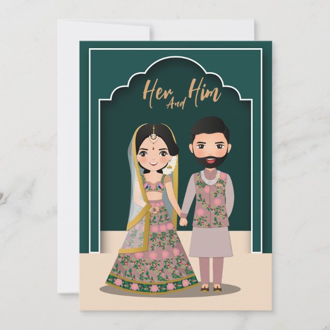 Bride and groom cute couple indian cartoon save the date (Front)