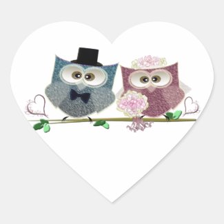 Bride and Groom cute Owls Art Heart Sticker