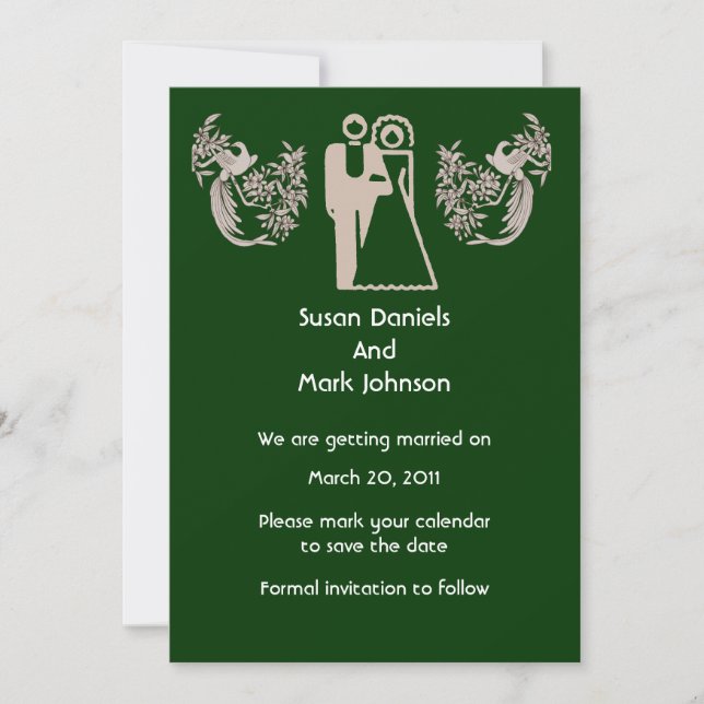 Bride And Groom Doves Green Wedding Save The Date Invitation (Front)