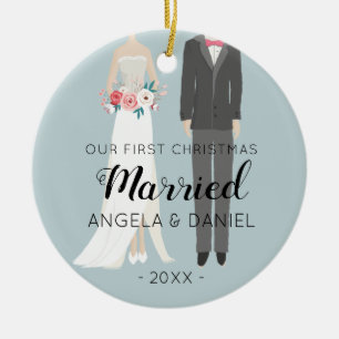 Bride and Groom First Christmas illustration Ceramic Tree Decoration