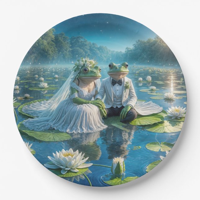 Bride and Groom Frogs On Lily Pad Paper Plate (Front)