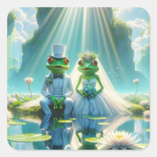 Bride and Groom Frogs On Lily Pad Square Sticker