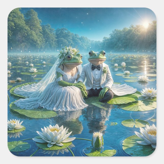 Bride and Groom Frogs On Lily Pad Square Sticker (Front)