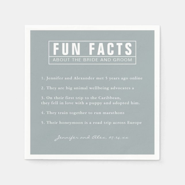 Bride and Groom Fun Facts Dusty Blue Paper Napkin (Front)